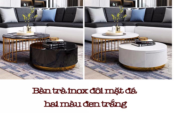 2 mẫu bàn sofa đôi màu đen trắng chân inox mạ vàng 