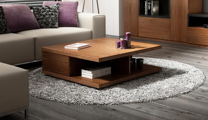 Mẫu bàn trà hình vuông bằng gỗ có ngăn bàn đựng đồ 