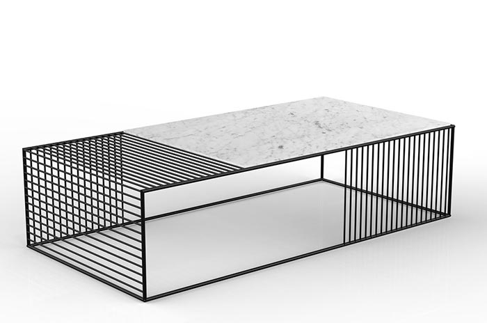 Mẫu bàn mặt đá hình chữ nhật với thiết kế xen lẫn những thanh sắt 