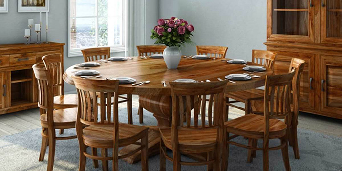 Bộ bàn ăn 10 ghế tân cổ điển hình tròn làm bằng gỗ 